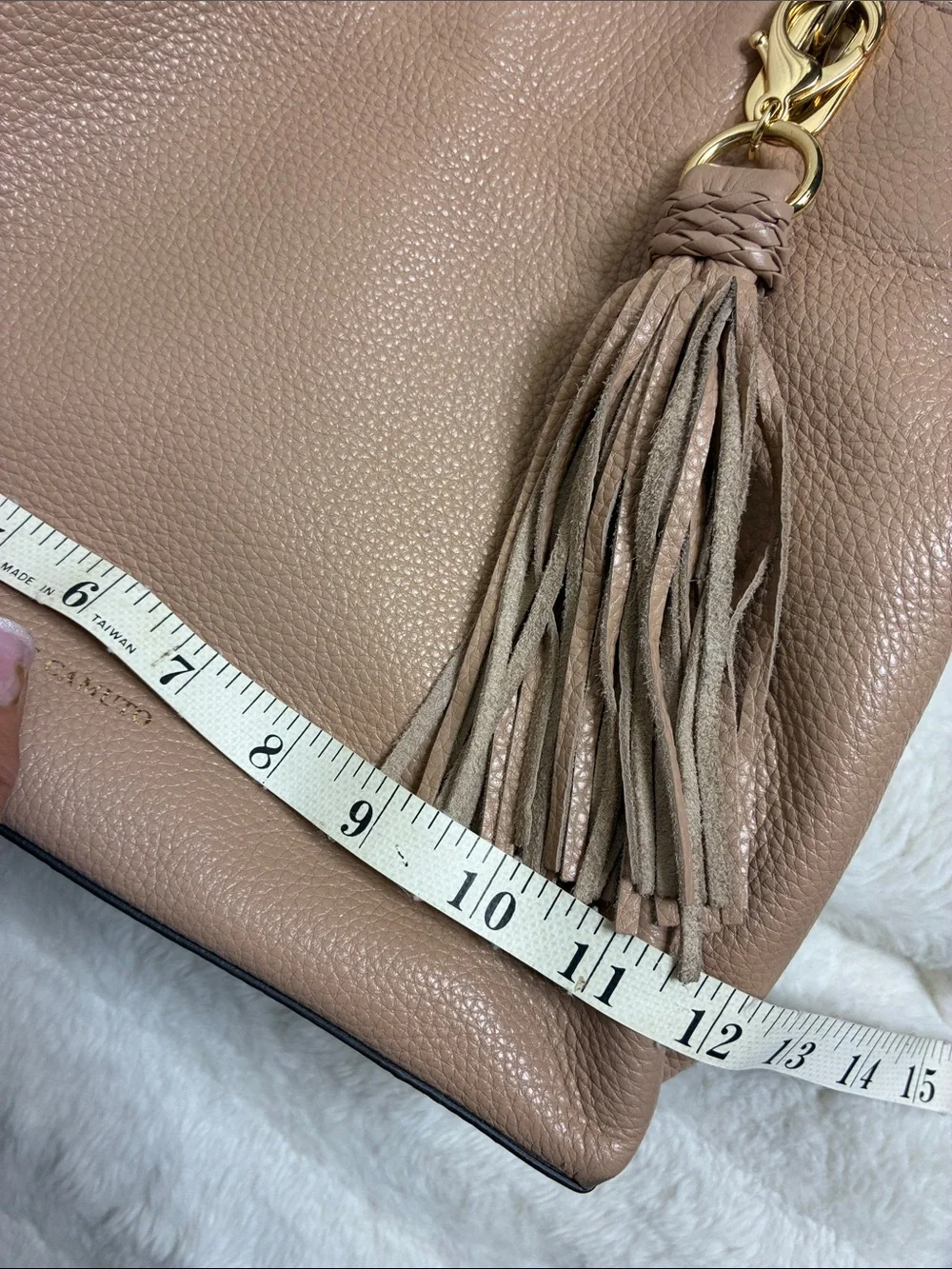 Vince Camuto Pebbled Leather Satchel in Dusty Taupe with Tassel